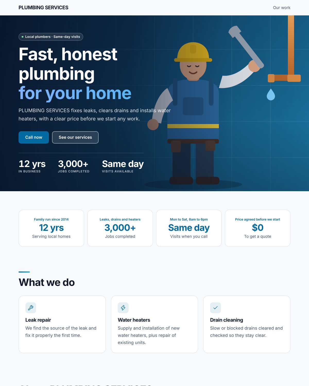A sample plumbing website made with WALLTRACE: headline, call button and a list of services
