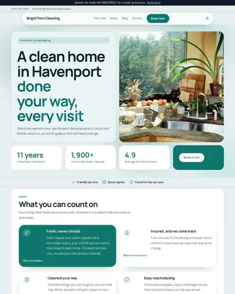 Sample cleaning service website: Bright Fern Cleaning
