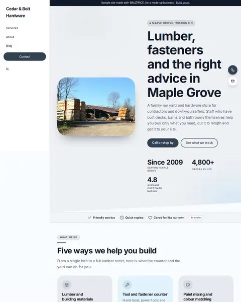 Sample hardware and building supplies website: Cedar & Bolt Hardware