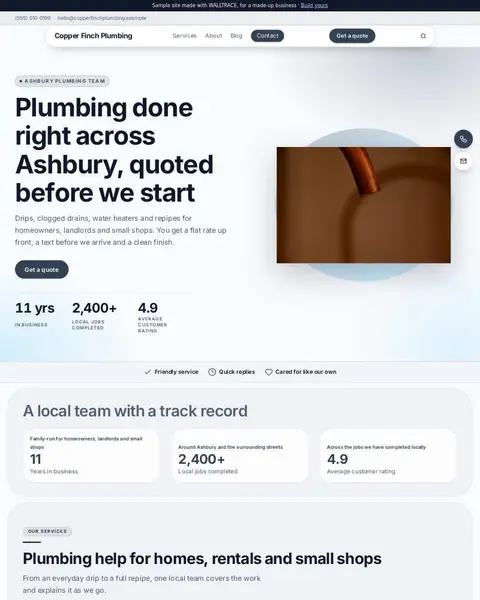 A sample plumber website made with WALLTRACE: Copper Finch Plumbing