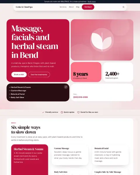 Sample salon or spa website: Cedar & Cloud Spa