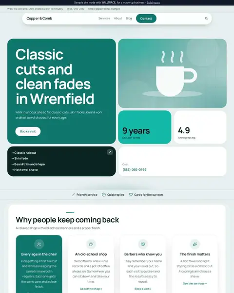 Sample barbershop website: Copper & Comb