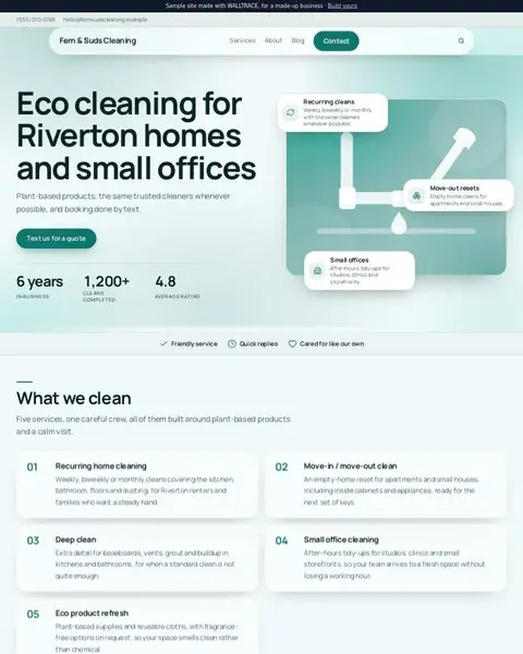 Sample cleaning service website: Fern & Suds Cleaning
