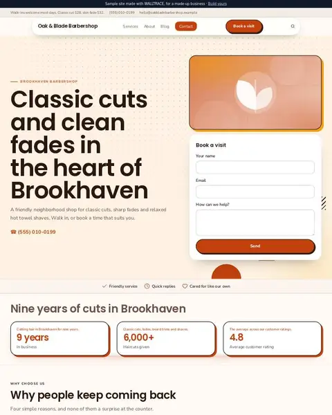 Sample barbershop website: Oak & Blade Barbershop